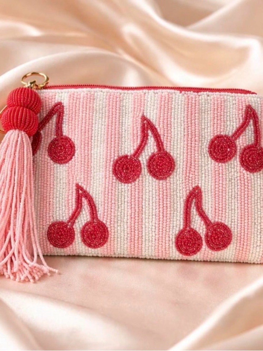 Cherry Beaded Pink Zipper Pouch
